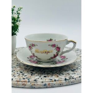 Norcrest Fine China Mother Teacup and Saucer Set Pink Roses Gold Trim
